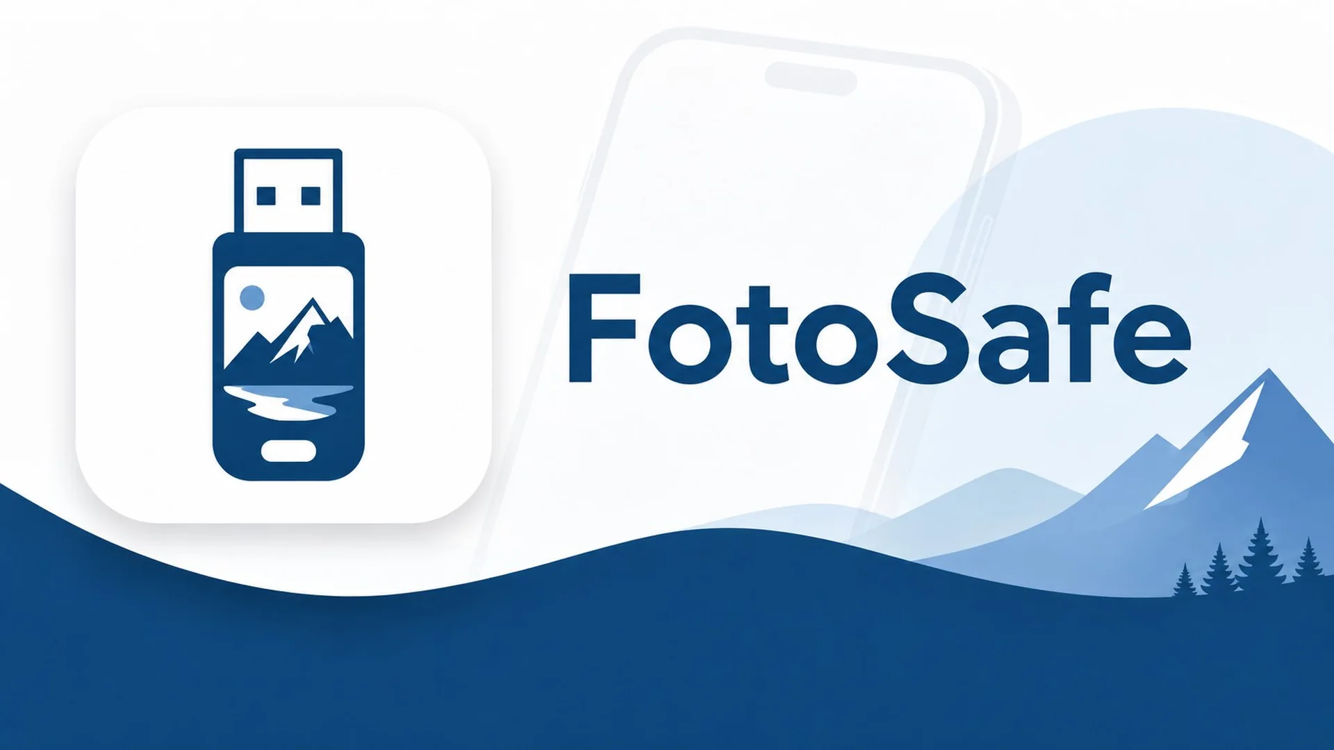 FotoSafe-Banner mit App-Symbol, Smartphone und Berglandschaft