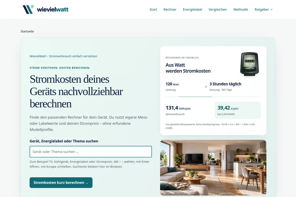 WievielWatt-Startseite mit Stromkostenrechner und Gerätesuche